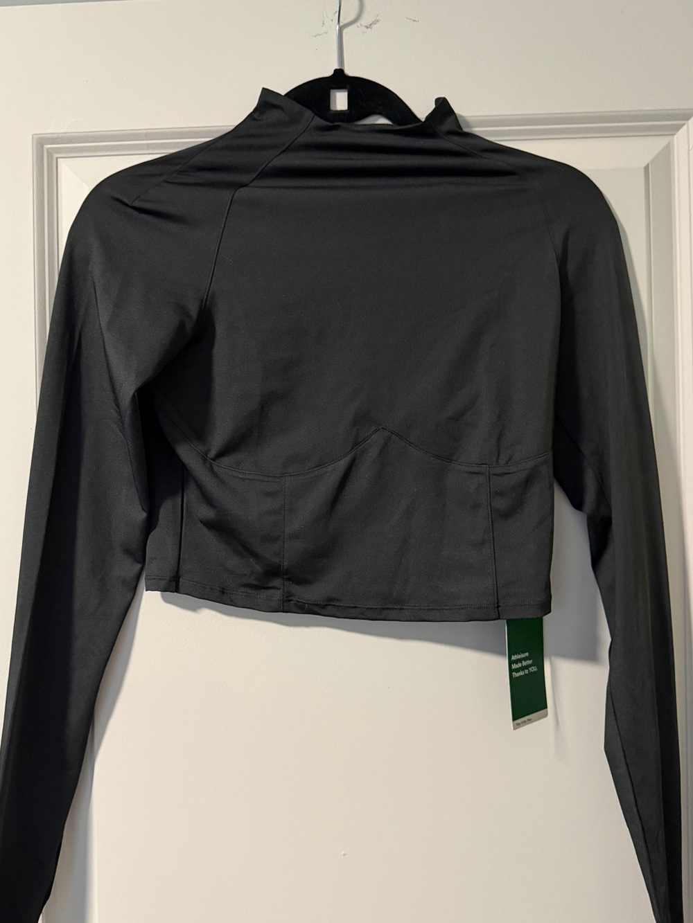NWT Black Long-Sleeve Cropped Active Top with Mock High Neck and Faux Corset